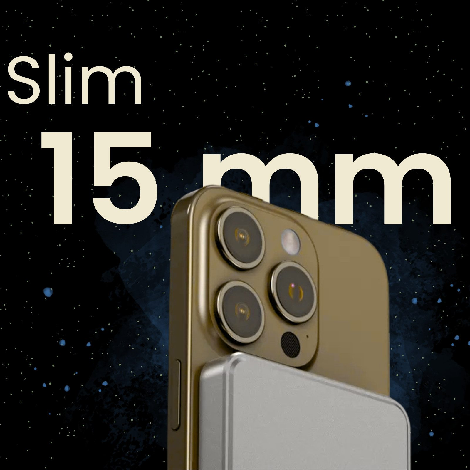 Goldenes Smartphone mit drei Kameras, das auf einem silbernen Objekt liegt. Text: Slim 15 mm.
