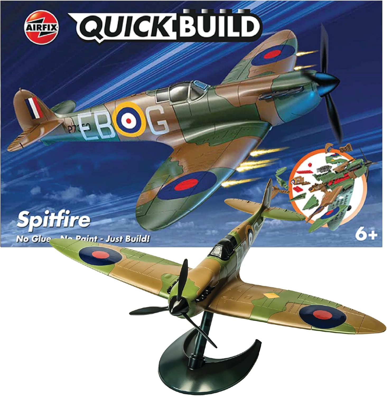 Model zestawu samolotu myśliwskiego Spitfire w malowaniu maskującym.