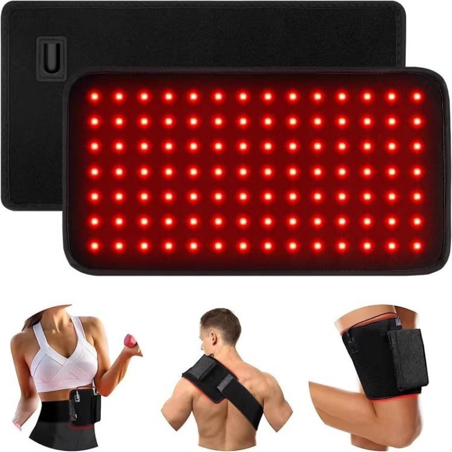 Ein rechteckiges rotes Lichttherapiegerät mit einem schwarzen Hintergrund und drei Anwendungsbeispielen.