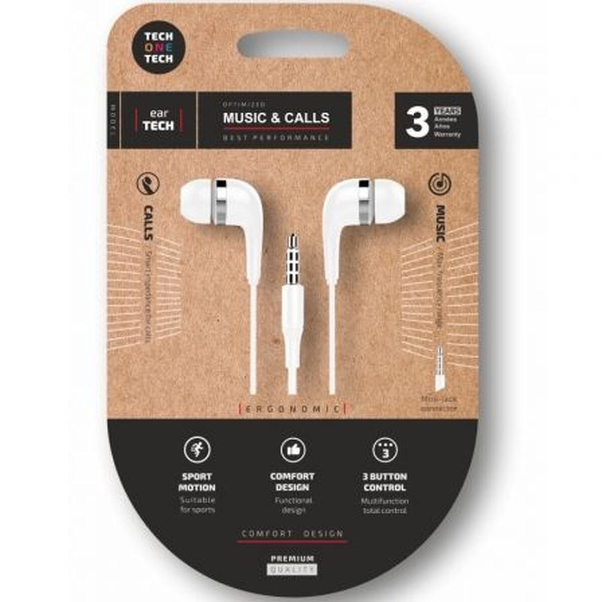 Weiße kabelgebundene Ohrhörer mit ergonomischem Design und 3-Tasten-Steuerung auf Pappverpackung.
