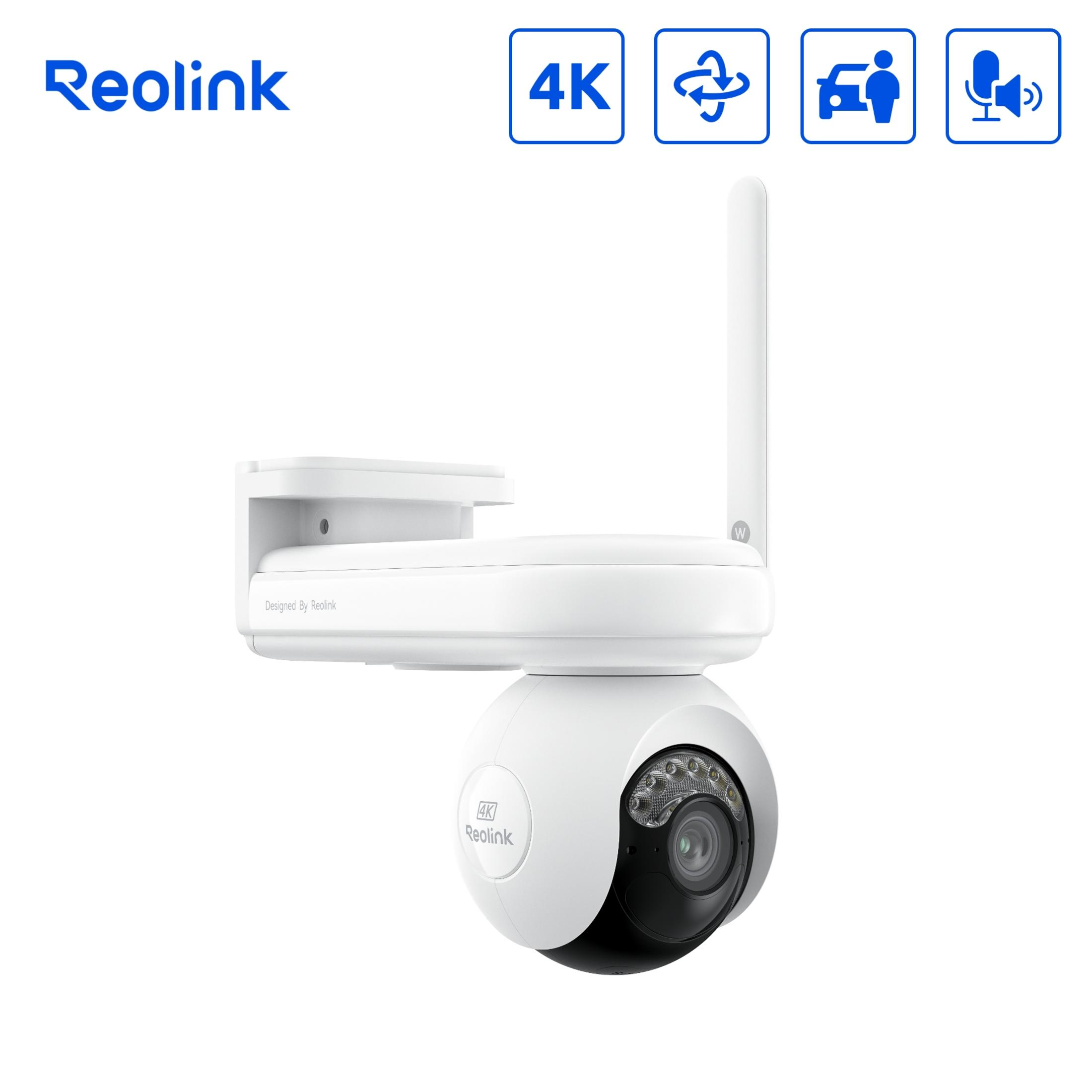 Weiße Reolink-Kamera mit 4K, Schwenk-/Neigefunktion, Fahrzeug- und Personenerkennung.