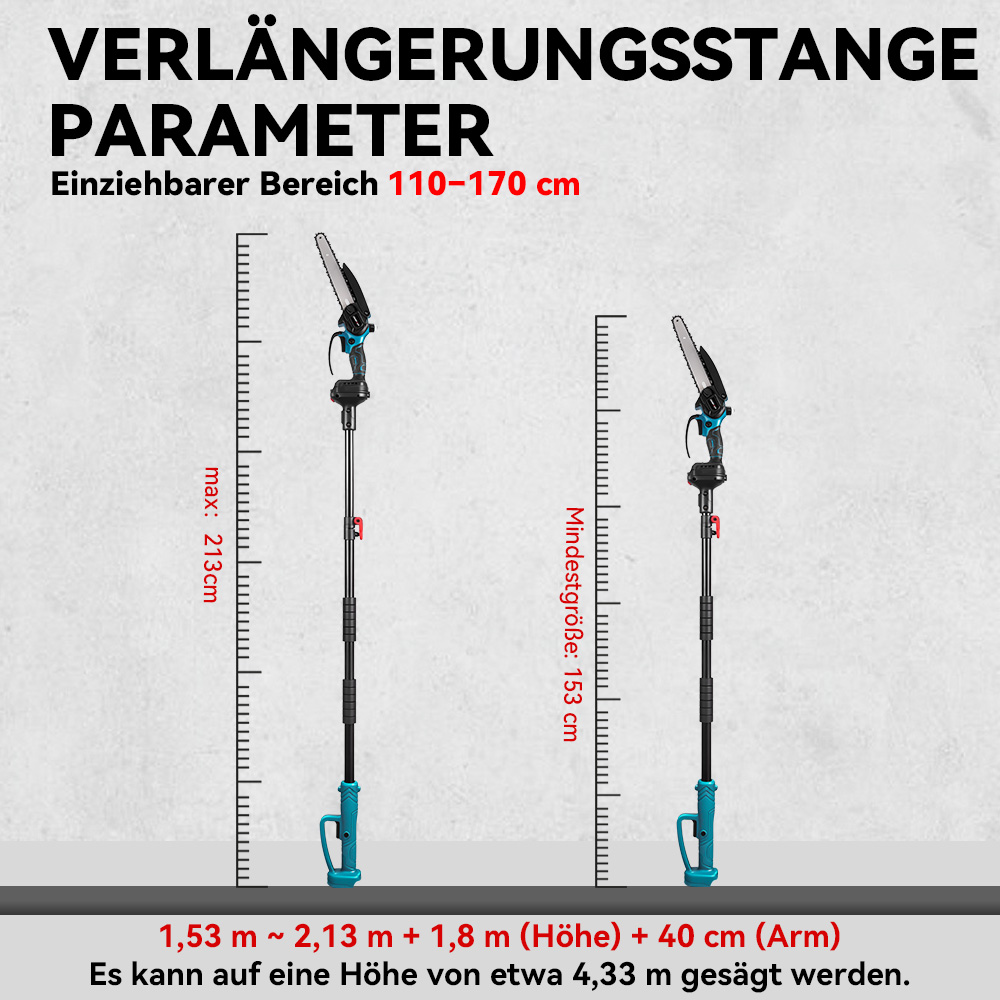Zwei ausfahrbare Kettensägen mit Längenangaben. Max. 213 cm, Mindestgröße 153 cm.