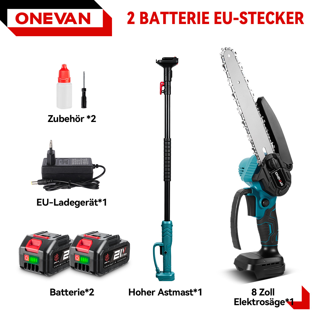 Ein Satz Werkzeuge mit Kettensäge, Teleskopstange, Ladegerät und Batterien.
