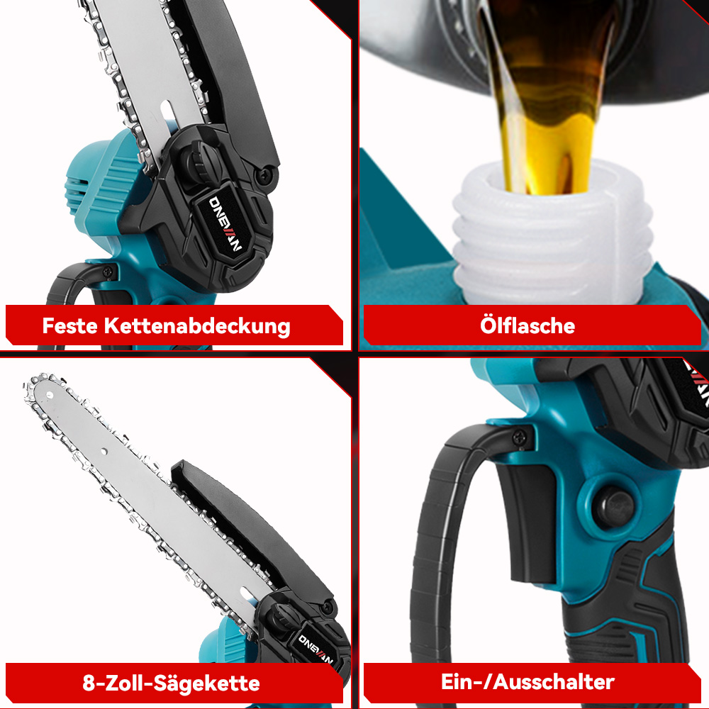 Vier Ansichten einer Kettensäge: Kettenschutz, Öleinfüllung, 8-Zoll-Sägekette, Ein-/Ausschalter.