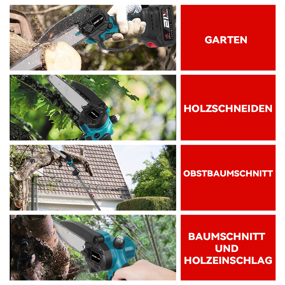 Hand hält Kettensäge, schneidet Holz; Gartentext.