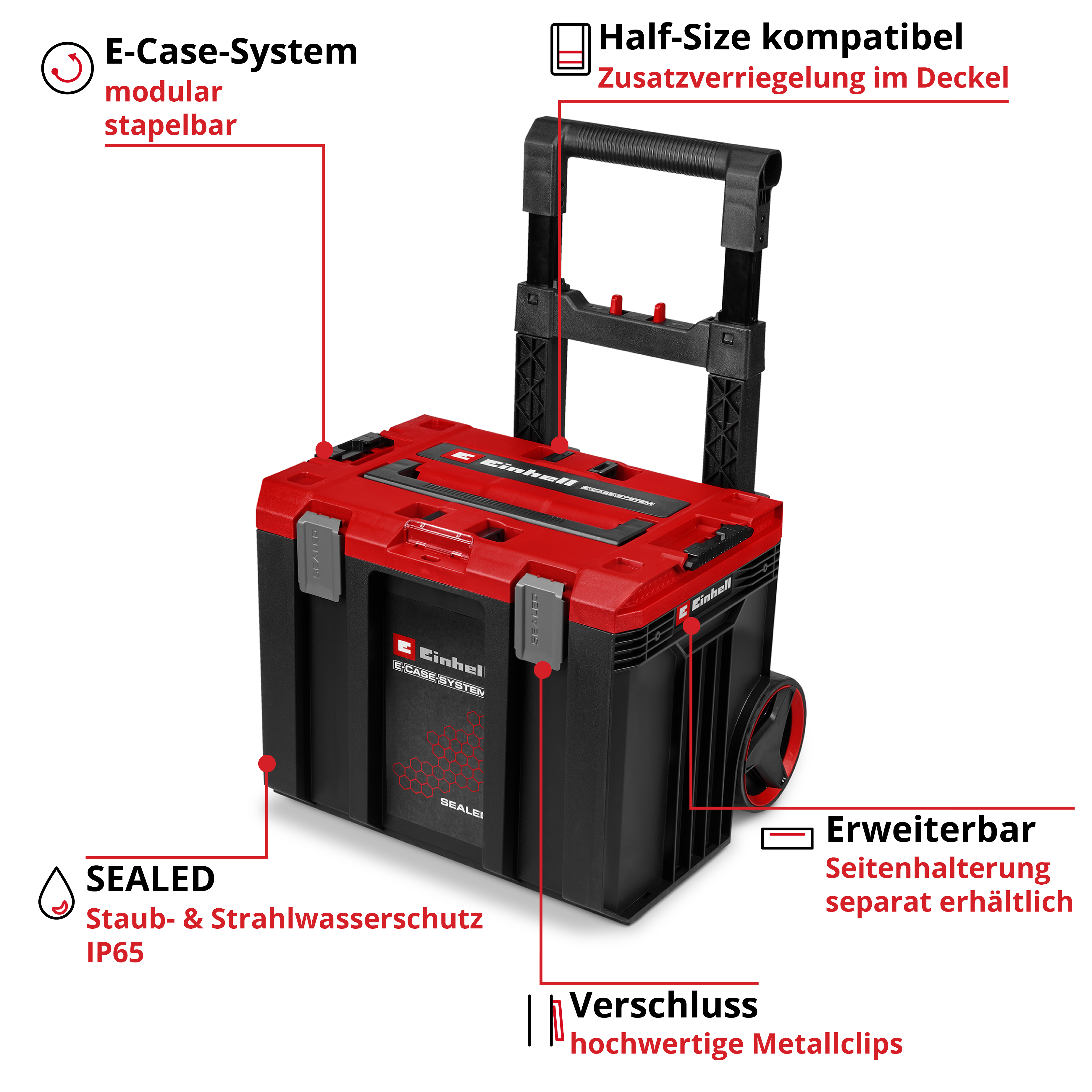 Roter und schwarzer Werkzeugkasten mit Rädern und ausziehbarem Griff.