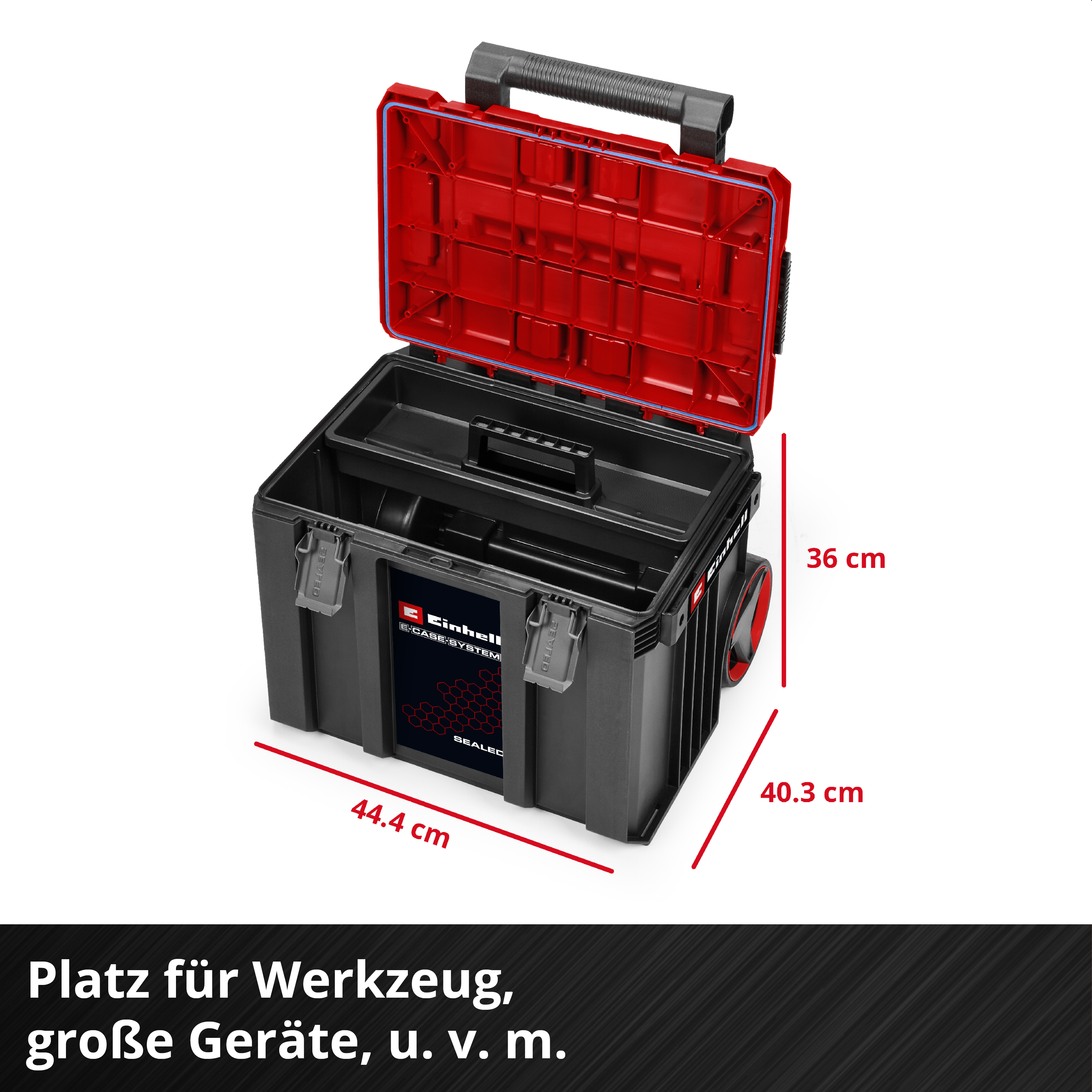 Schwarzer Werkzeugkasten mit rotem Deckel, Rollen und Maßen.
