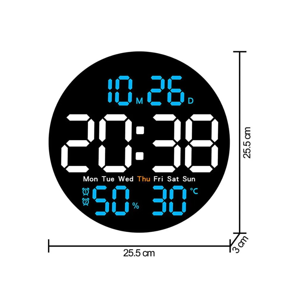 Digitale Uhr zeigt 10.26, 20:38, Donnerstag, 50% Luftfeuchtigkeit, 30°C.