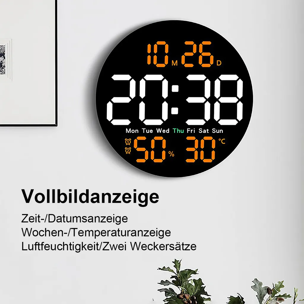 Runde Digitaluhr zeigt Datum, Uhrzeit, Temperatur und Luftfeuchtigkeit an.
