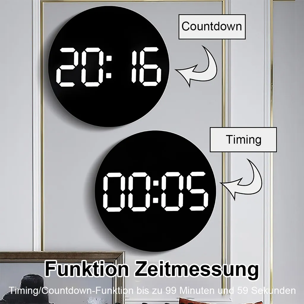 Zwei runde digitale Uhren zeigen 20:16 und 00:05 an, mit Beschriftungen für Countdown und Timing.
