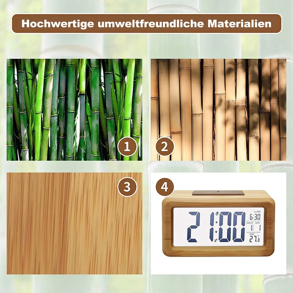 Vier Bilder zeigen Bambus: grüne Stämme, trockene Stämme, Holztextur und ein Wecker.