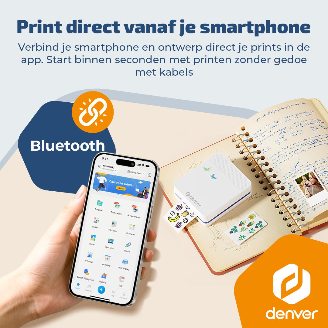 Ein Smartphone verbindet sich per Bluetooth mit einem Drucker, der auf einem Notizbuch liegt.