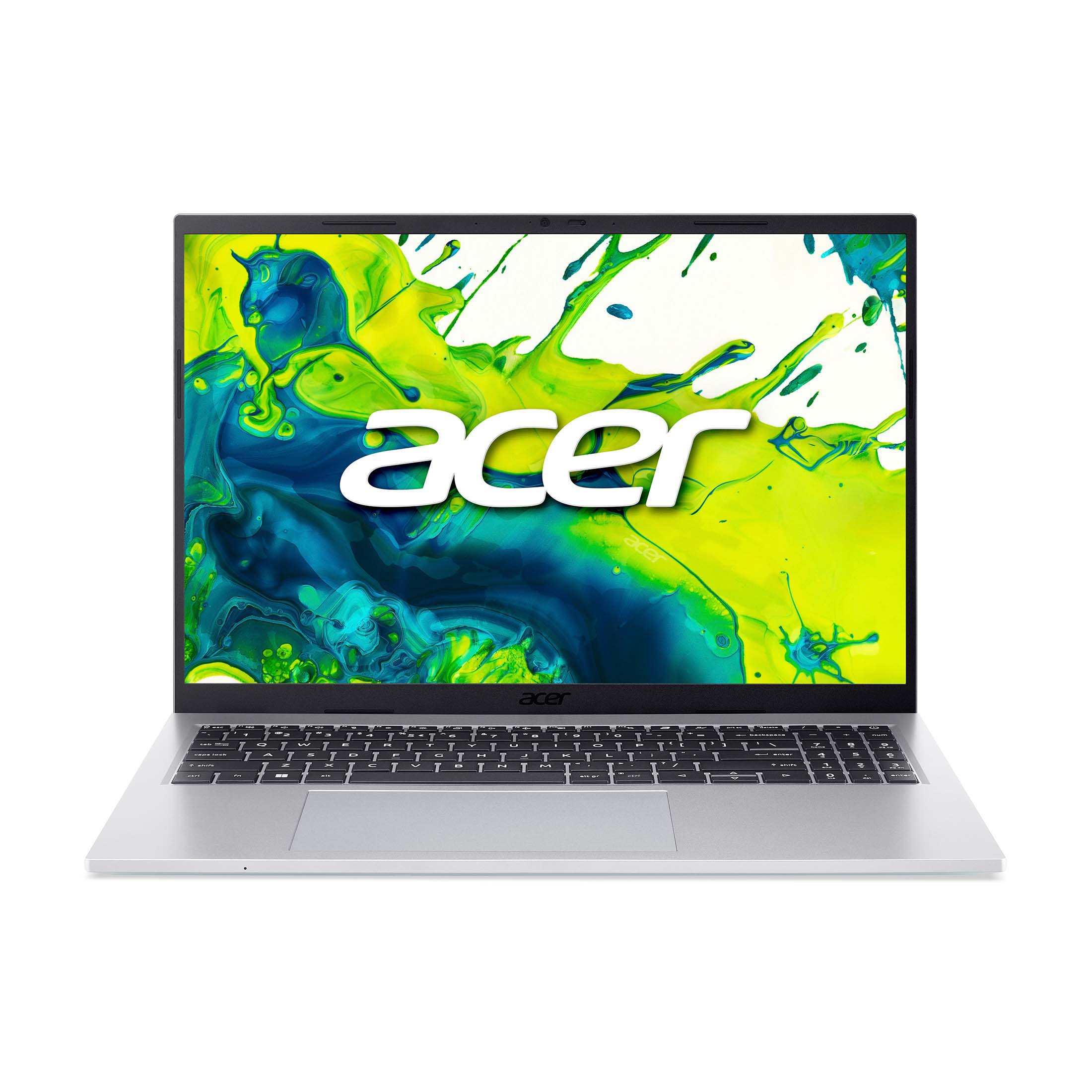 Ein silberner Laptop mit einem lebendigen Acer-Logo auf dem Bildschirm.