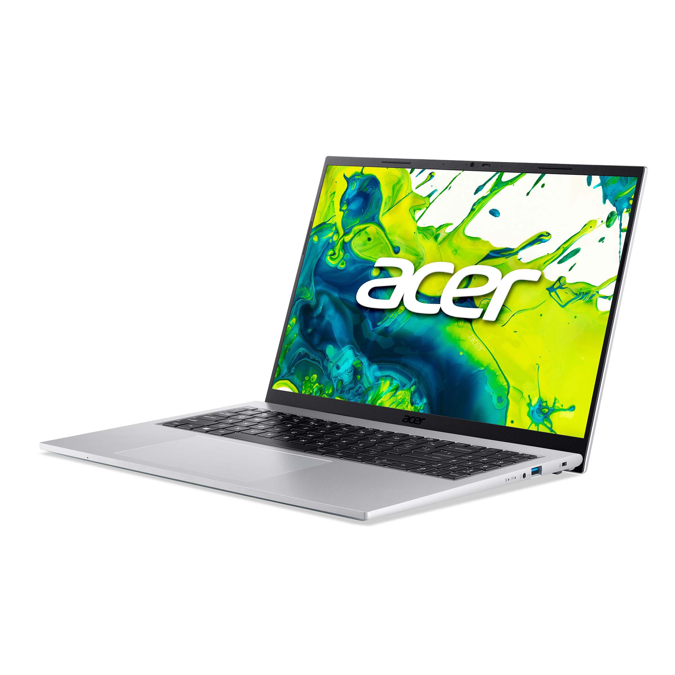 Ein silberner Acer Laptop mit einem bunten Hintergrundbild.