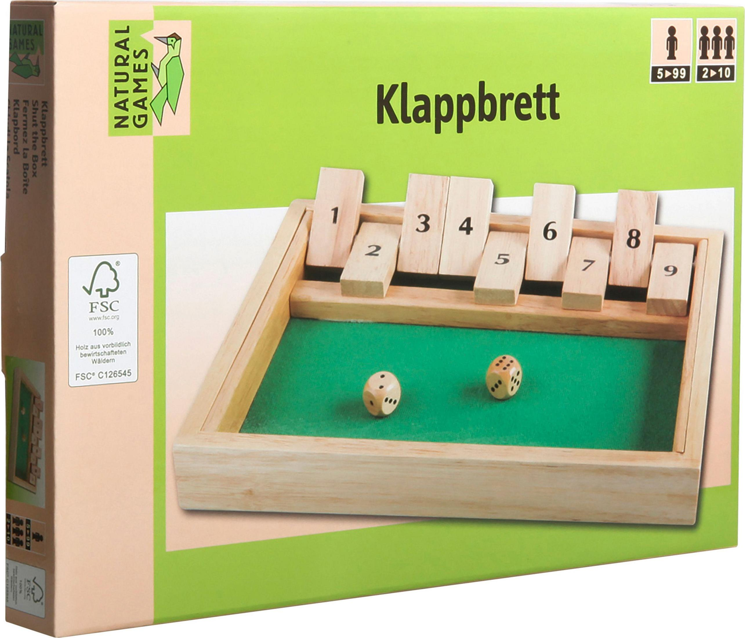 Holzspiel Klappbrett mit Zahlensteinen und zwei Würfeln auf grünem Filz.