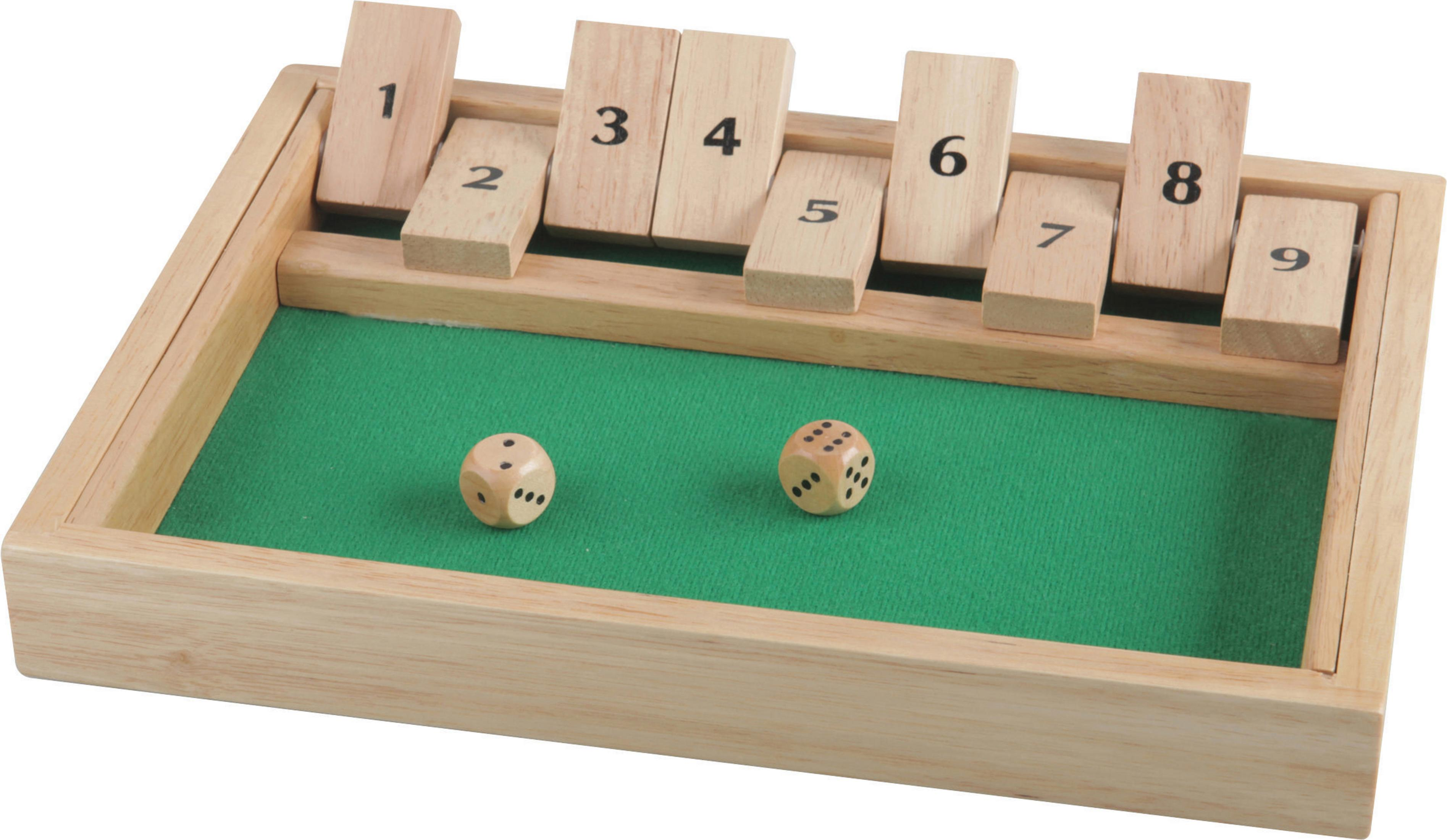 Holzspiel mit Zahlen 1-9, zwei Würfel auf grünem Filz.