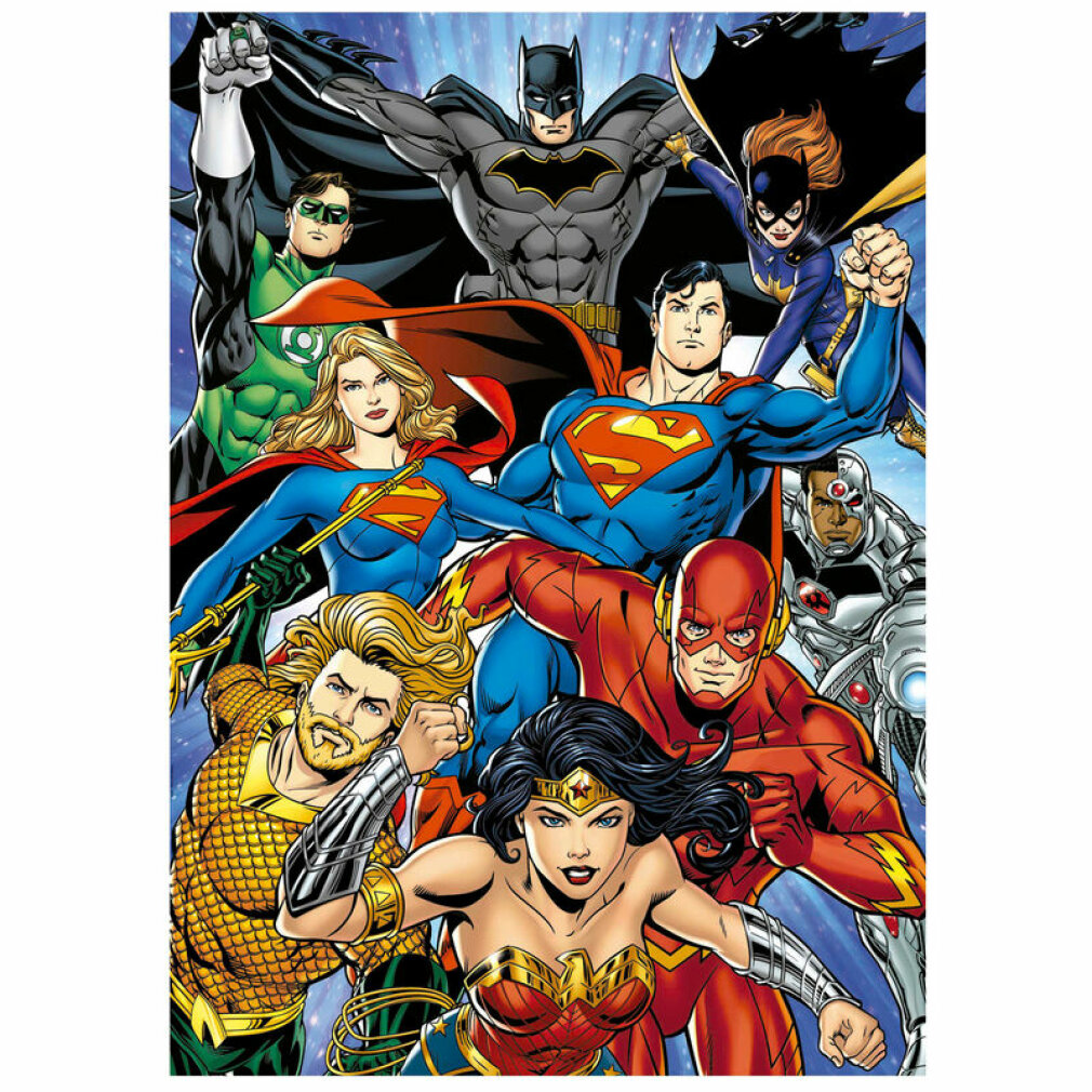Un gruppo di supereroi, tra cui Batman, Superman e Wonder Woman, in posa.