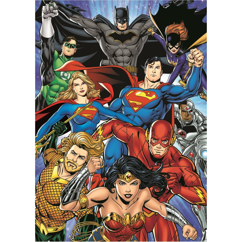 La Justice League posa: Superman, Batman, Wonder Woman, Flash, Aquaman, Lanterna Verde, Supergirl, Batgirl, Cyborg.