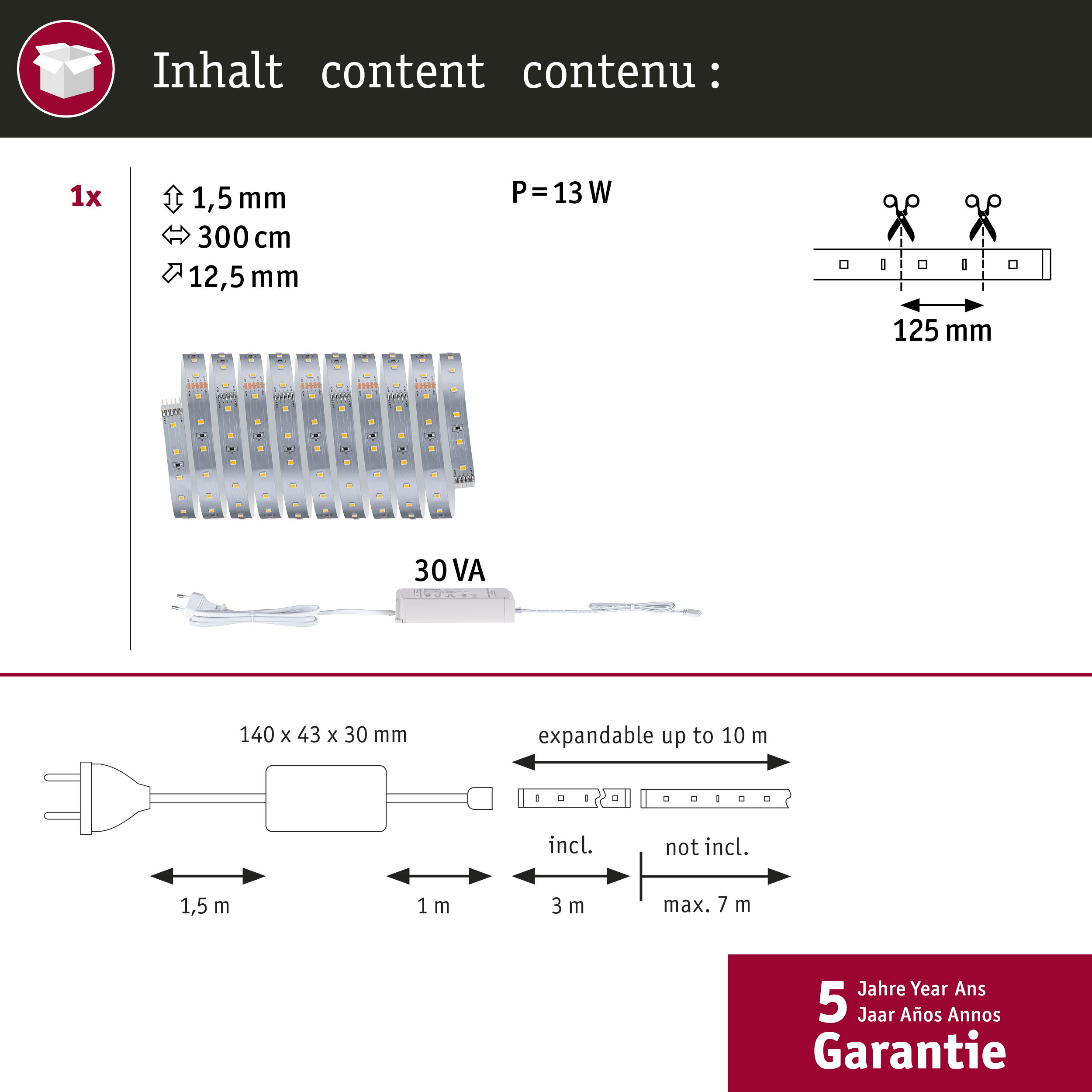 LED-Streifen mit Netzteil, verschiedene Längen und Leistung.