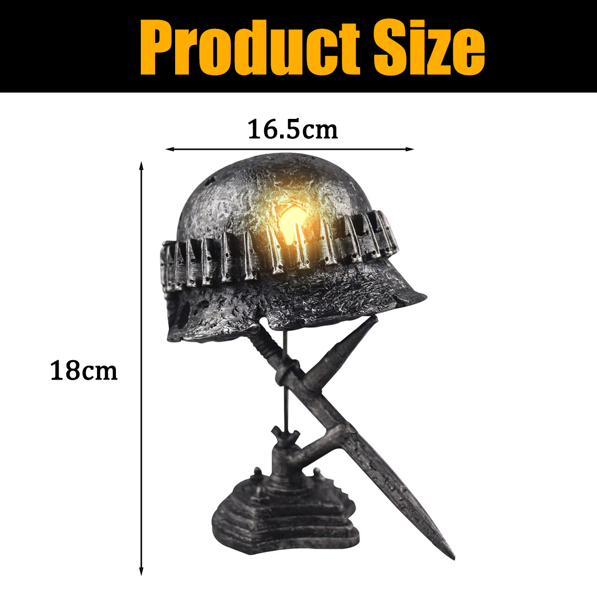 Eine dunkle Helmfigur mit einem Schwert, die 18 cm hoch und 16,5 cm breit ist.