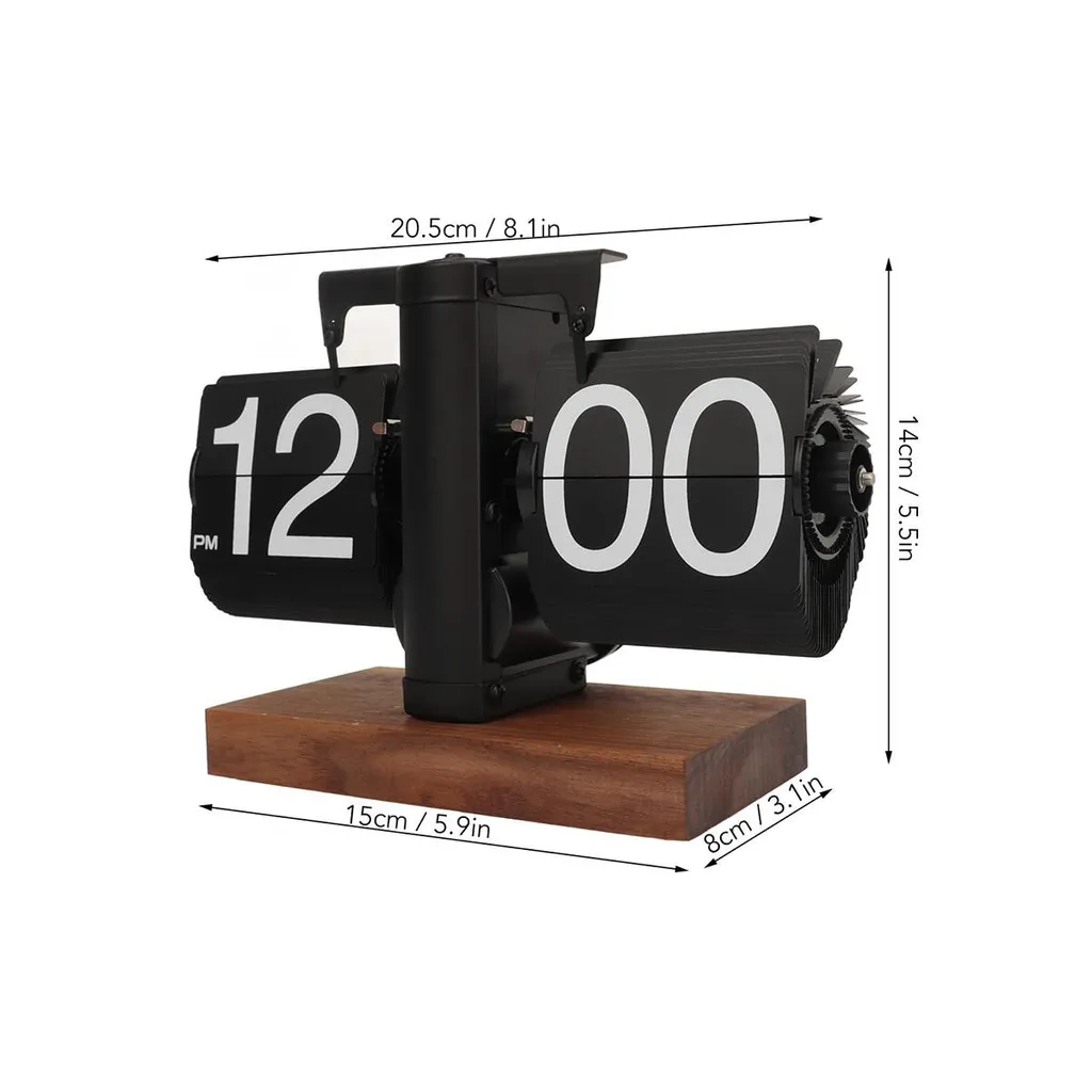 Schwarze Klappzahlen-Uhr auf Holzsockel, zeigt 12:00 PM.
