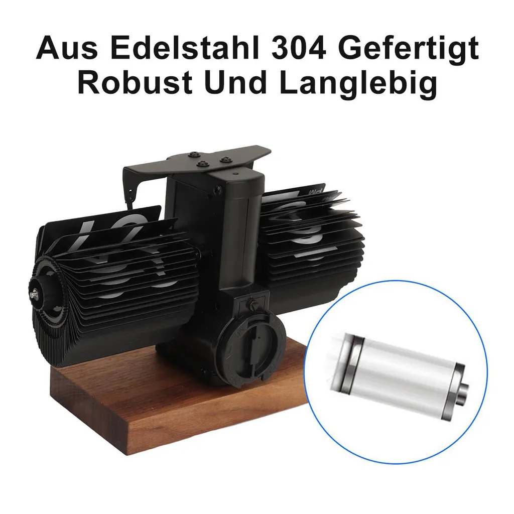Ein schwarzer Klappzahlenwecker aus Edelstahl auf einem Holzsockel. Daneben eine Nahaufnahme einer Batterie.