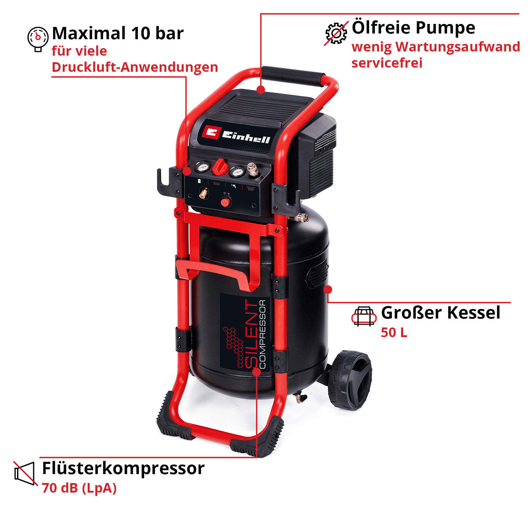 Ein schwarzer und roter Einhell Kompressor mit 50L Kessel, leise, ölfrei, 10 bar max.
