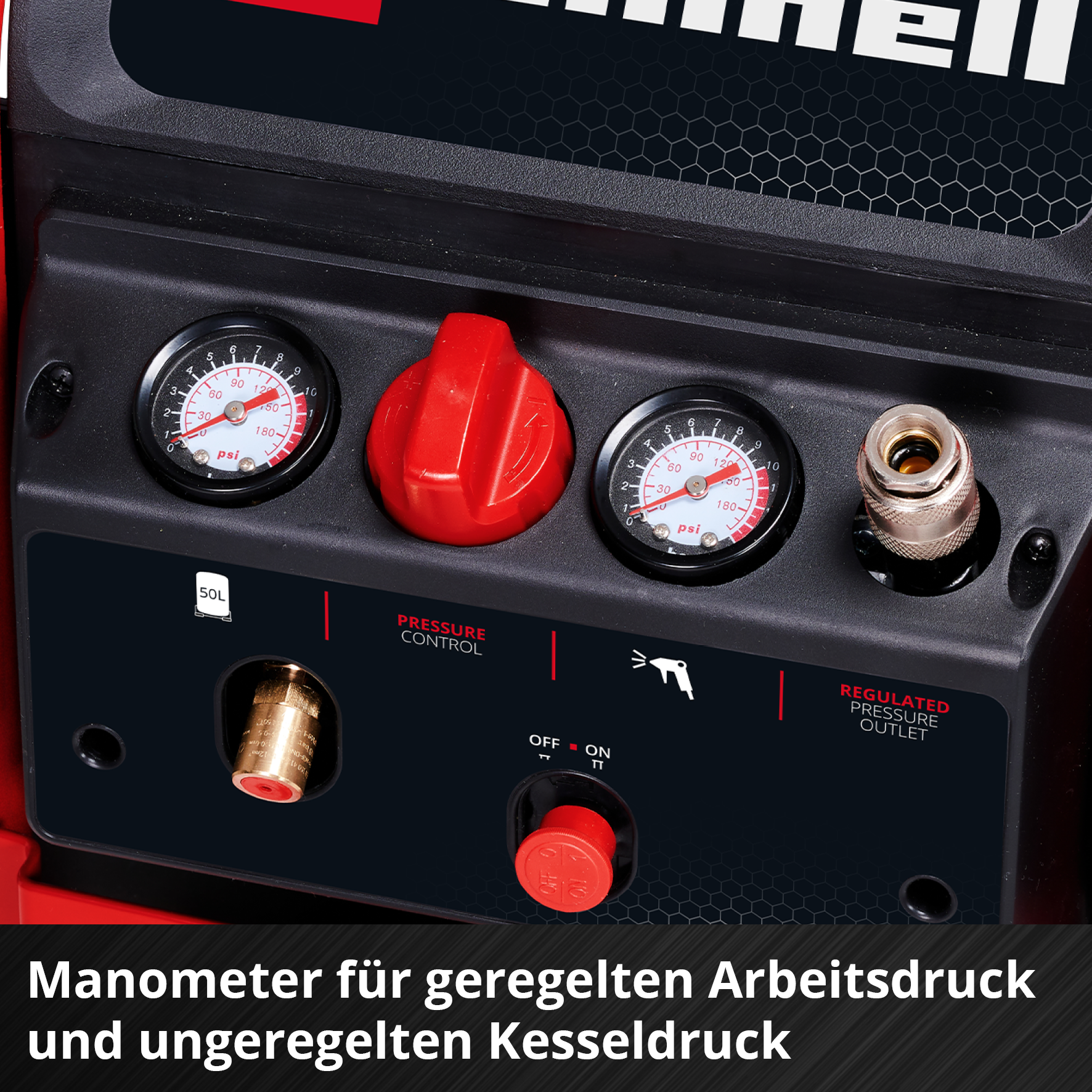Zwei Manometer, ein roter Drehregler und ein Druckluftanschluss an einem Kompressor.