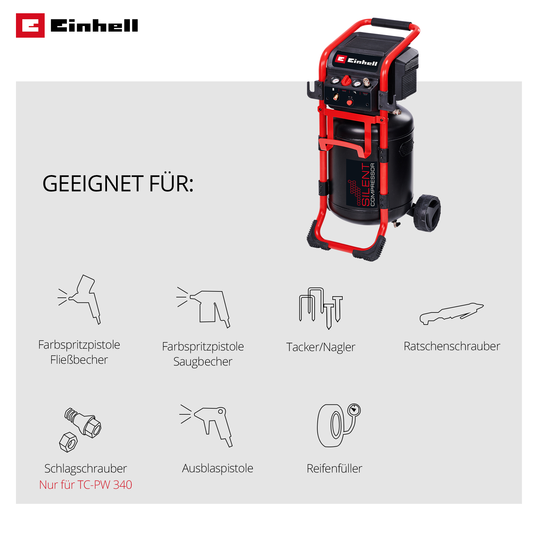 Einhell Silent Kompressor mit Zubehör: Spritzpistolen, Tacker, Schrauber, Reifenfüller.