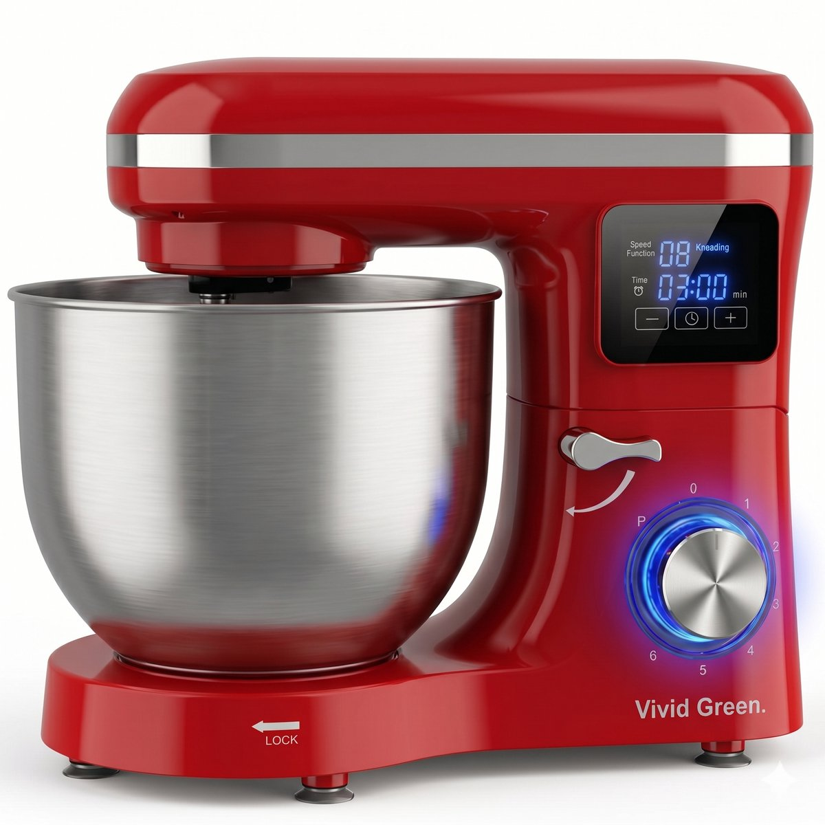 Red stand mixer with stainless steel bowl, digital display showing kneading and timer.