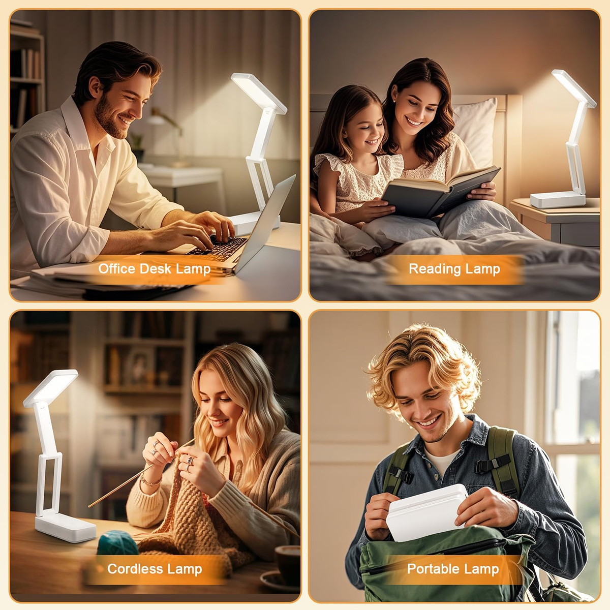 Mann arbeitet am Laptop, Frau liest mit Kind, Frau strickt, Mann packt Lampe ein.