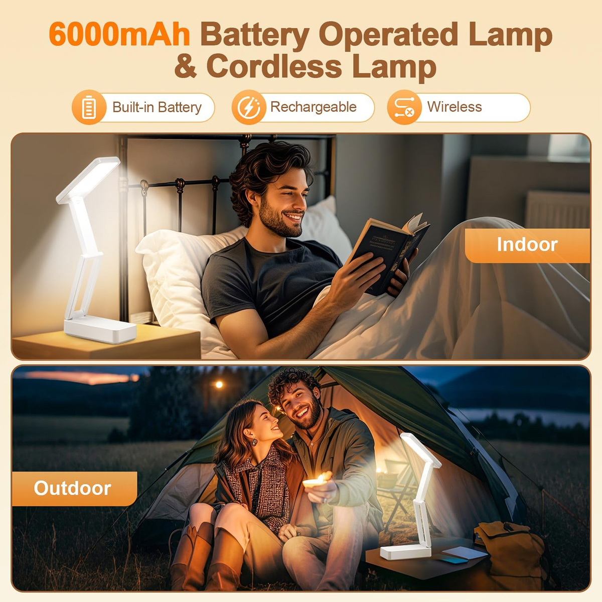 Zusammenklappbare Lampe, drinnen mit lesendem Mann und draußen mit Campingpaar gezeigt.