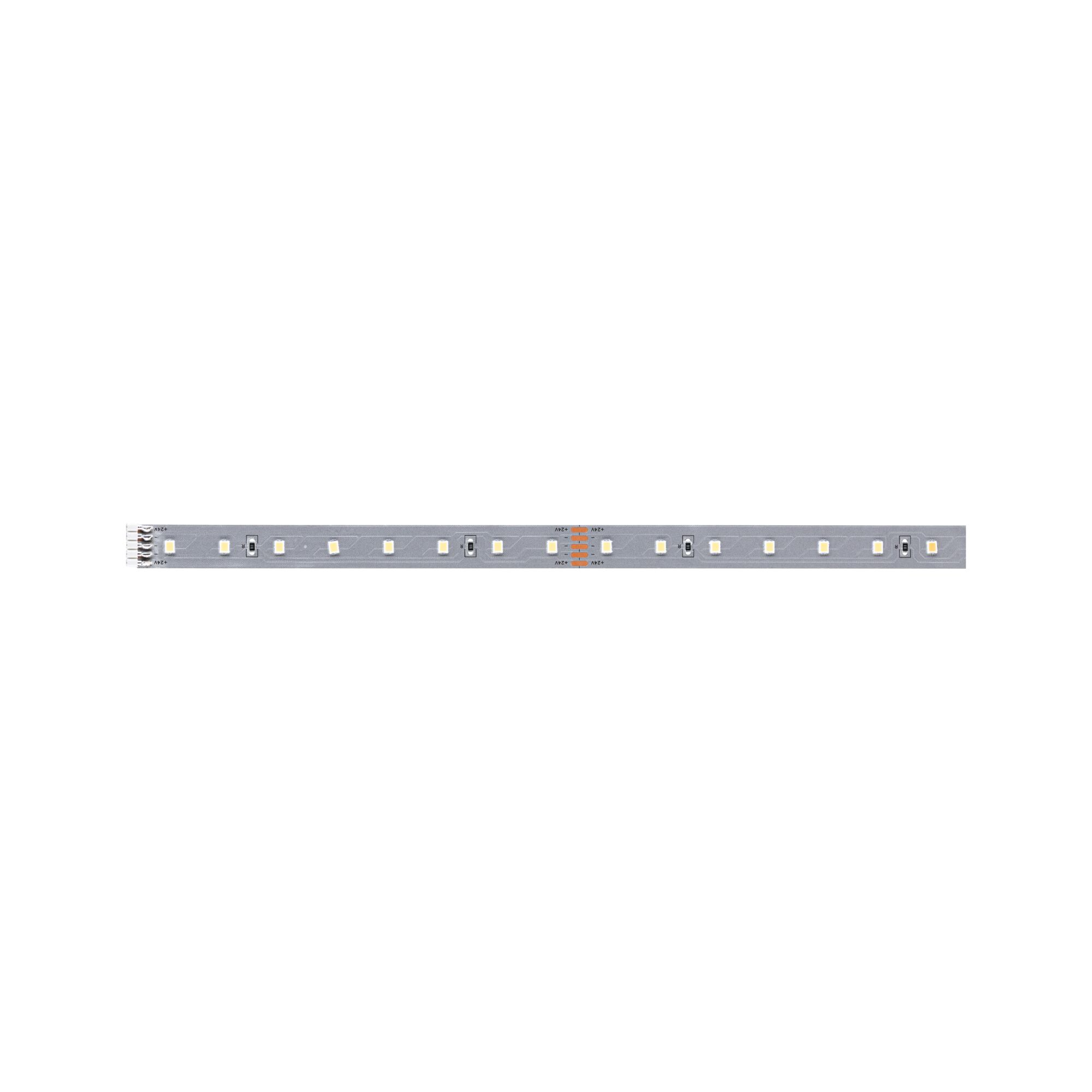 Eine schmale, rechteckige Platine mit LEDs und Beschriftung, isoliert auf Weiß.