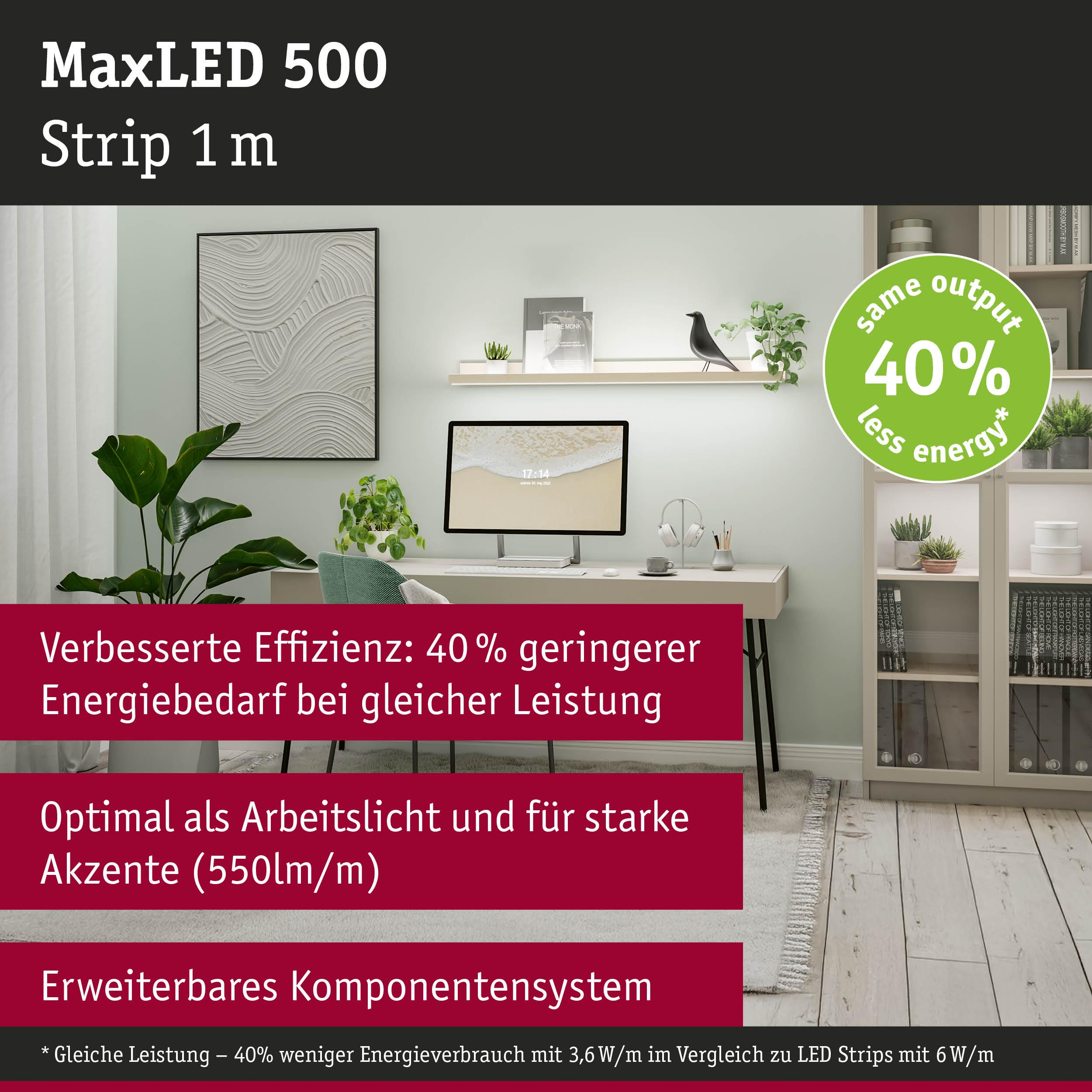MaxLED 500 Strip 1m mit Schreibtisch, Pflanze und Bücherregal.