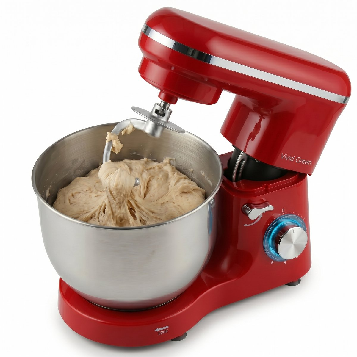 Red stand mixer with dough hook mixing dough in a silver bowl.