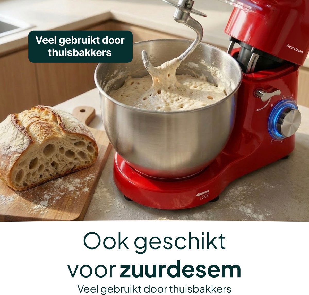 A red stand mixer with dough and bread. Text: Frequently used by home bakers.