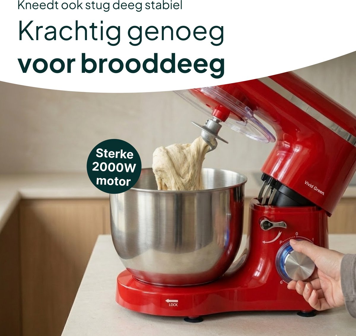 Red stand mixer kneading dough with a powerful 2000W motor.