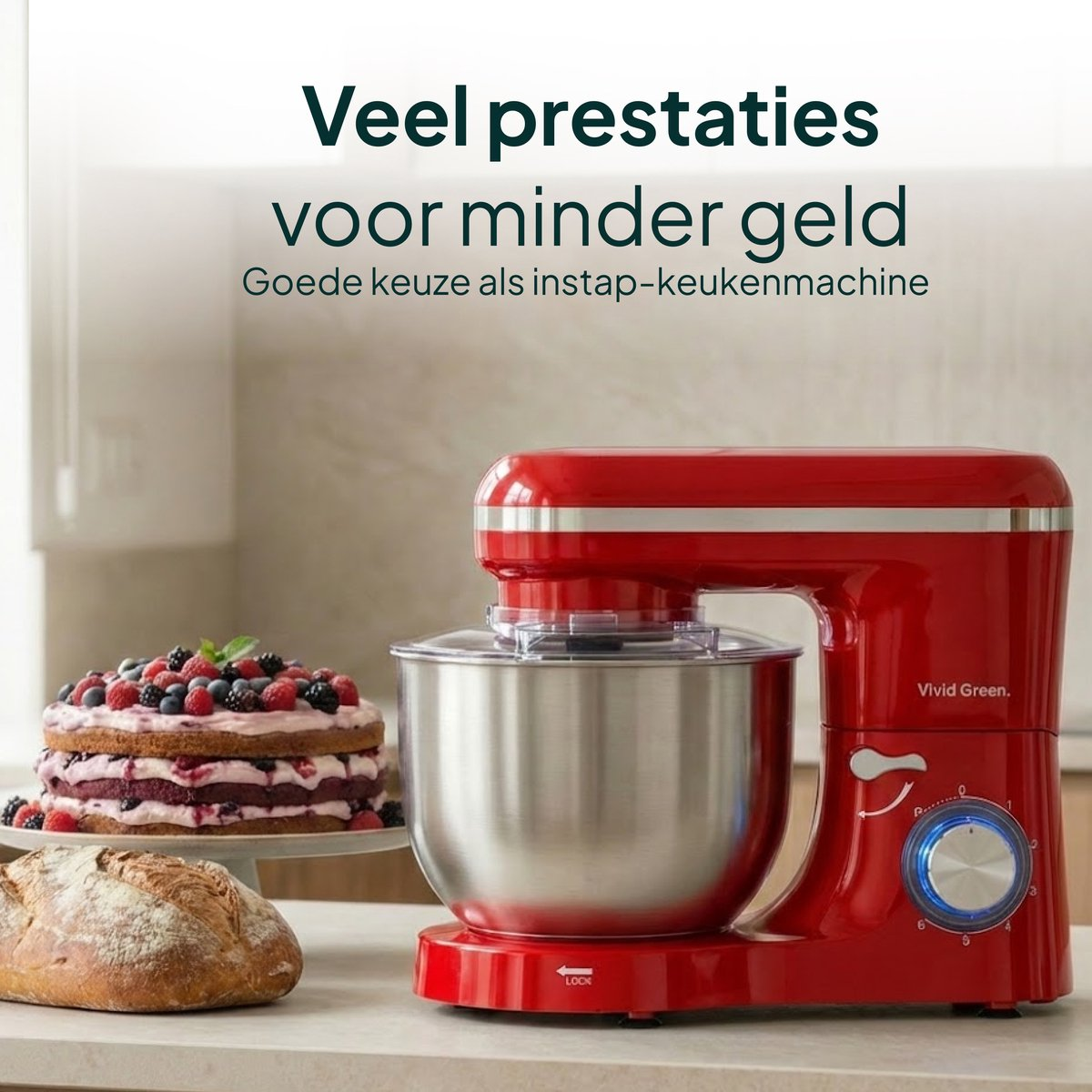 A red stand mixer sits next to a cake and bread.
