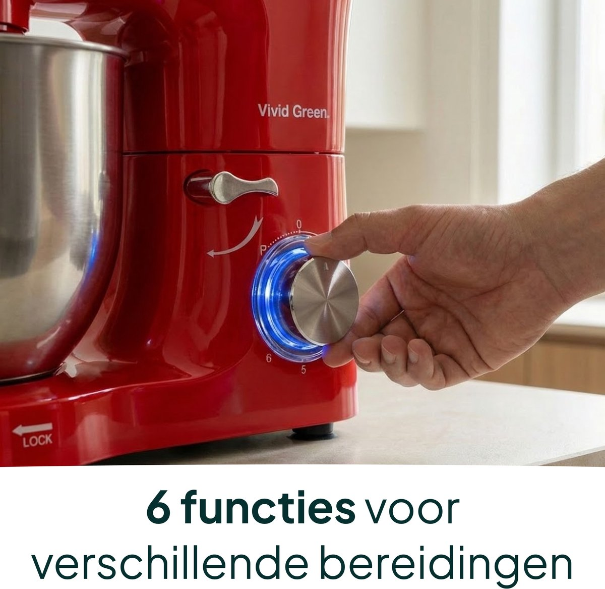 A red stand mixer with a hand adjusting a lit dial. Lock symbol visible.