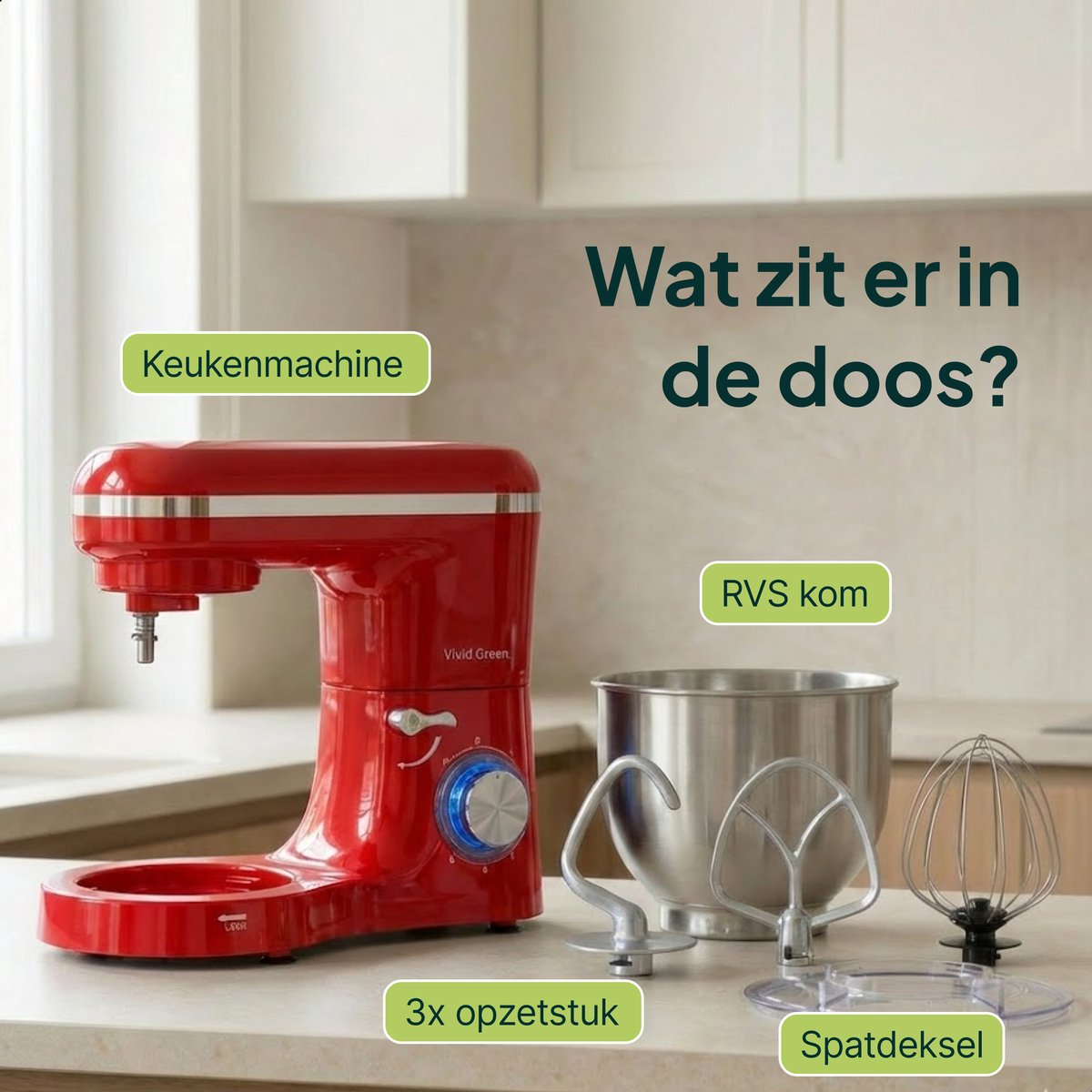 A red kitchen mixer with a stainless steel bowl, hook, whisk, and splash guard.
