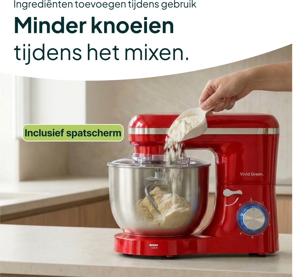 A red stand mixer is mixing dough as flour is being added.
