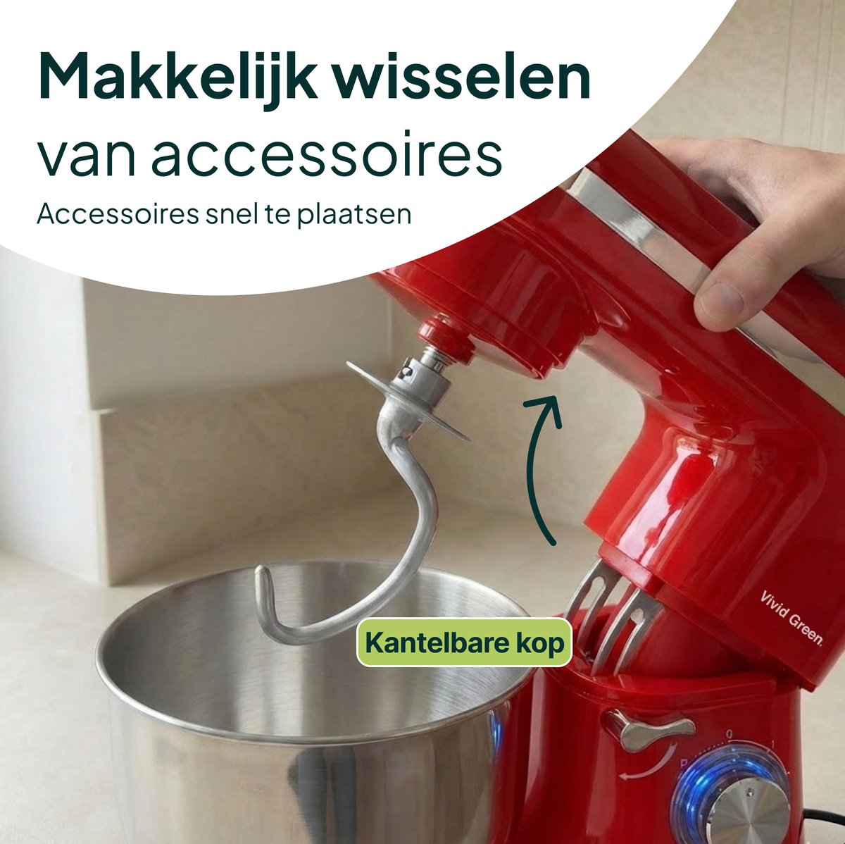 Red stand mixer with hook and bowl. Top part tilting upwards.