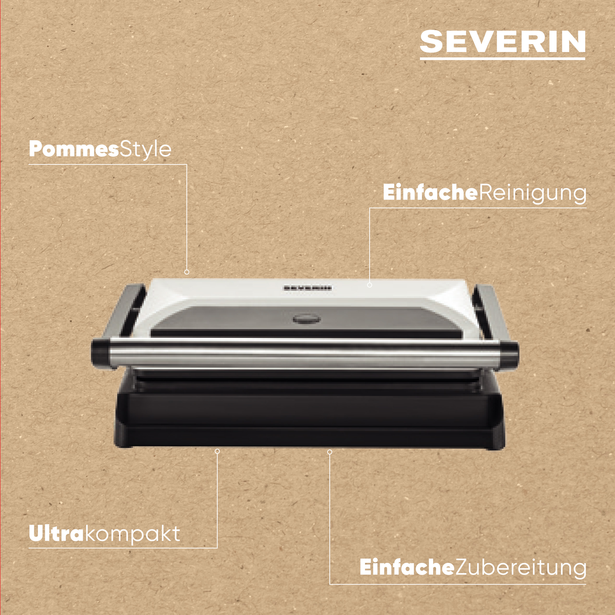 Ein weißer und schwarzer Severin Kontaktgrill mit Text-Overlays.