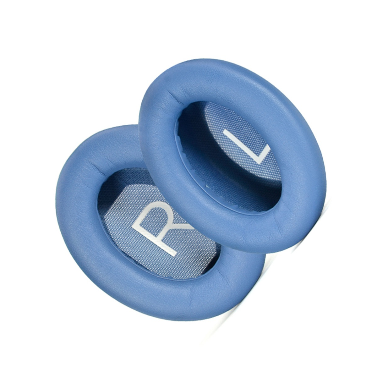 Due cuscinetti auricolari blu per cuffie, contrassegnati L e R, su una superficie bianca.