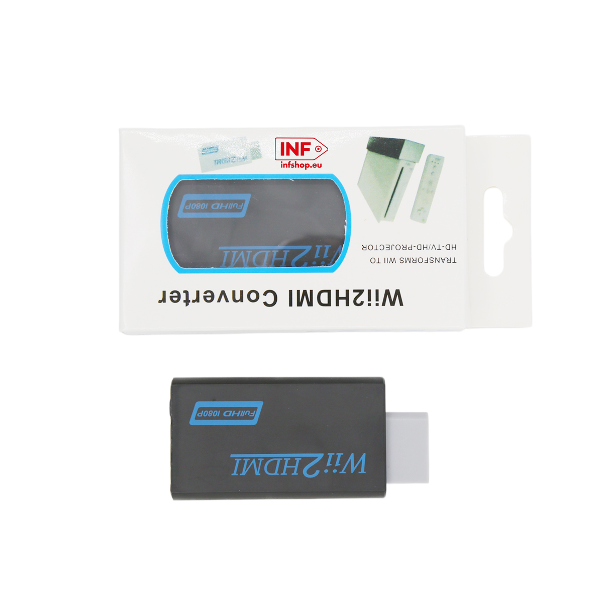 Un convertitore da Wii a HDMI e la sua confezione, con testo 'Full HD 1080P'.