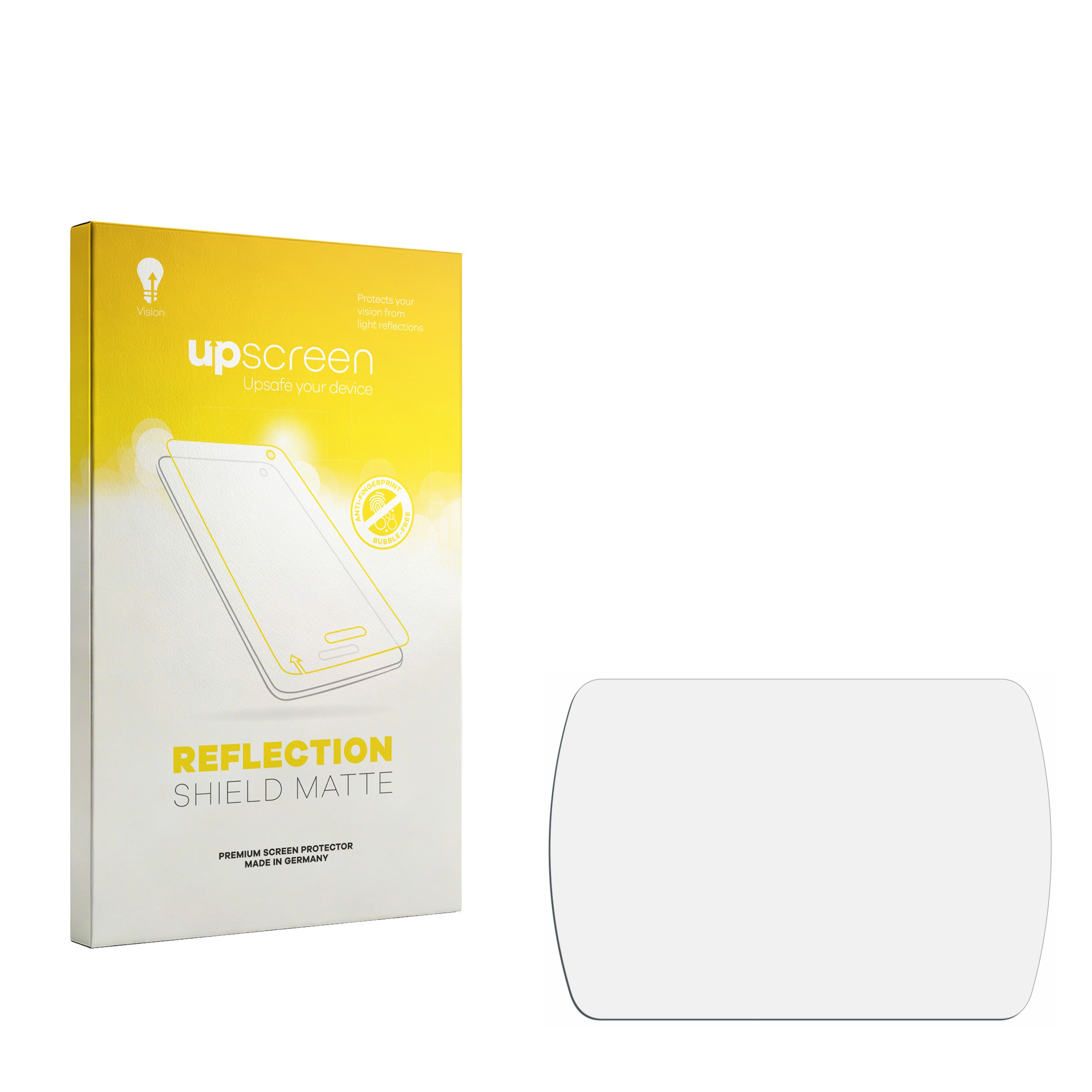 Gelbe Box mit 'upscreen'-Logo und matter Displayschutzfolie daneben.