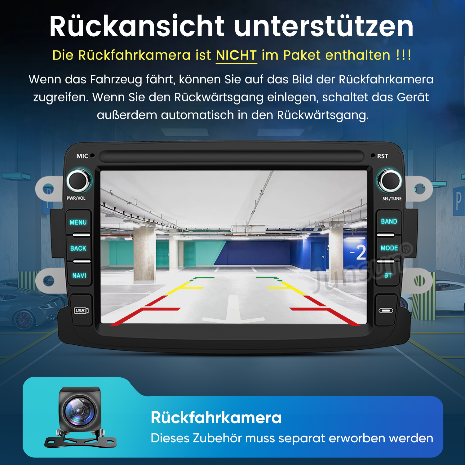 Ein Autoradio zeigt die Rückfahrkameraansicht eines Parkhauses mit Hilfslinien.