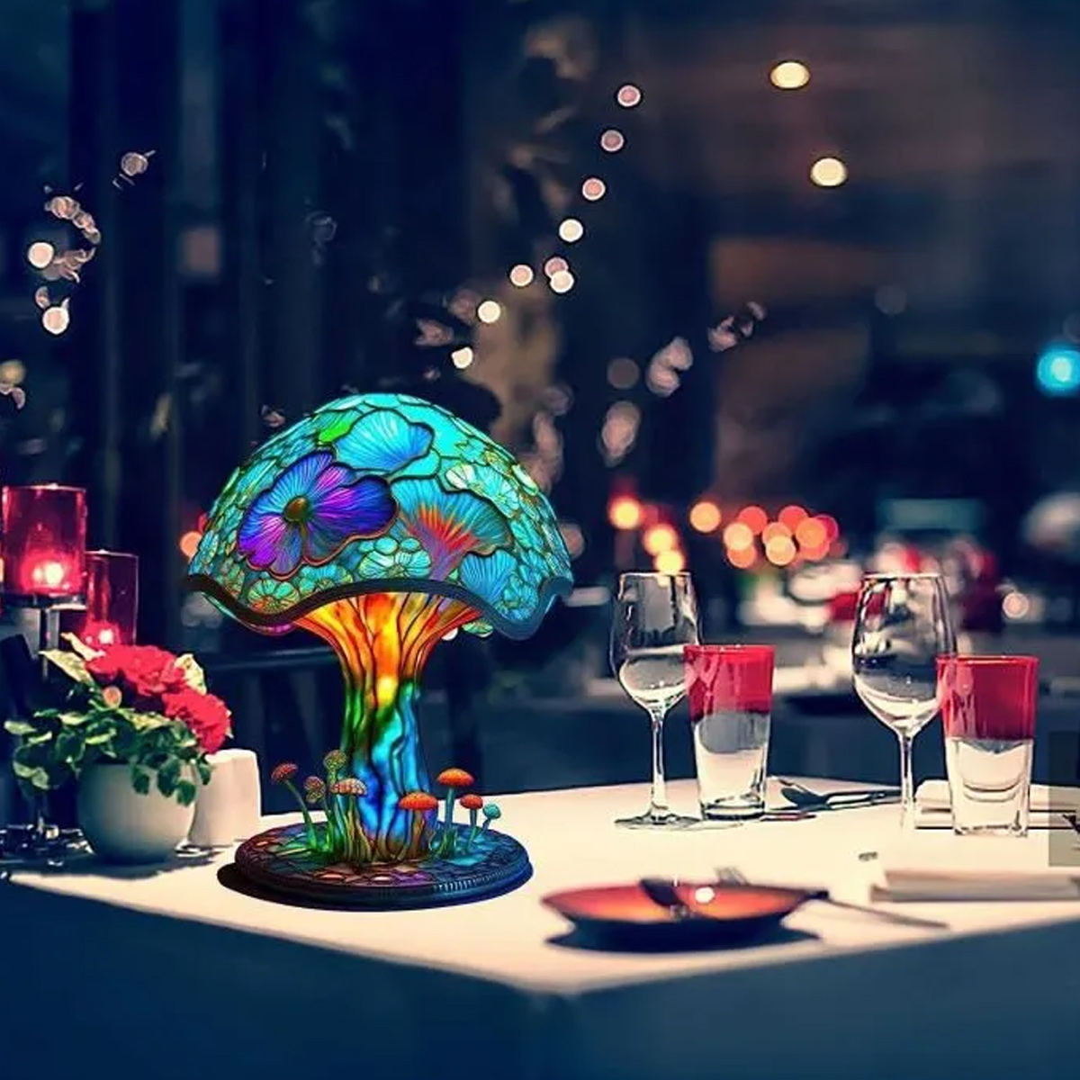Eine pilzförmige Tiffany-Lampe leuchtet auf einem für das Abendessen gedeckten Tisch, mit roten Kerzen.