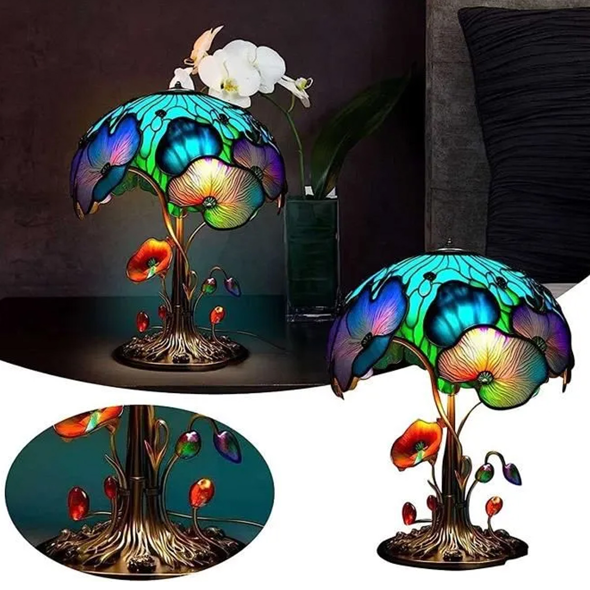 Bunte Tiffany-Lampe mit Blumenmuster auf einem Sockel mit verzweigten Stielen.