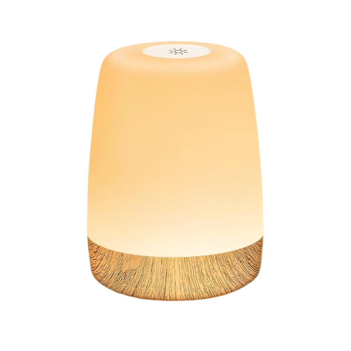 Eine leuchtende Lampe mit einem Holzsockel und einem weißen Symbol oben.